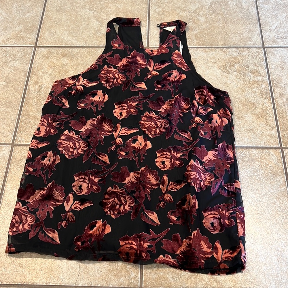 Adiva Burnout Velvet Black/Pink Rose High Neckline Keyhole Back Tank Top NWT S
